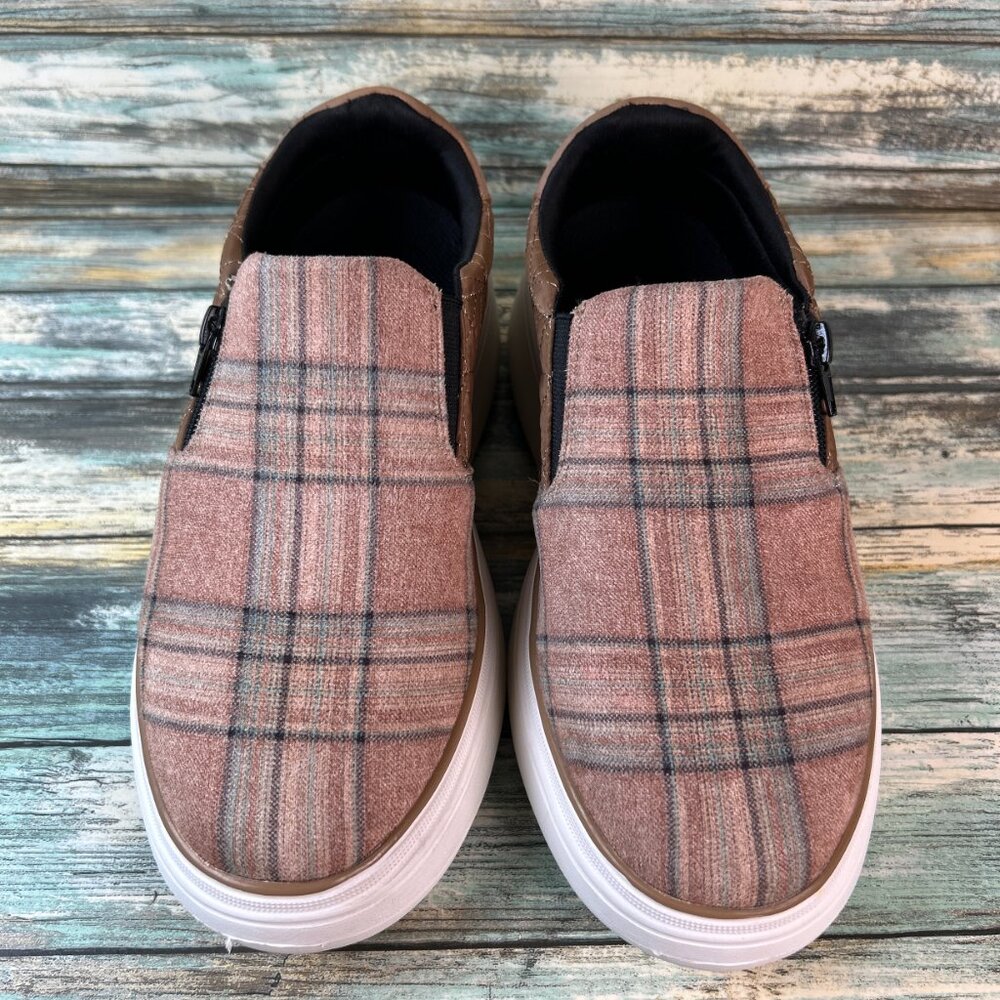 Orthocomfoot Platform Loafers Womens 8.5 Brown Plaid Quilted Wedge Comfort Shoes